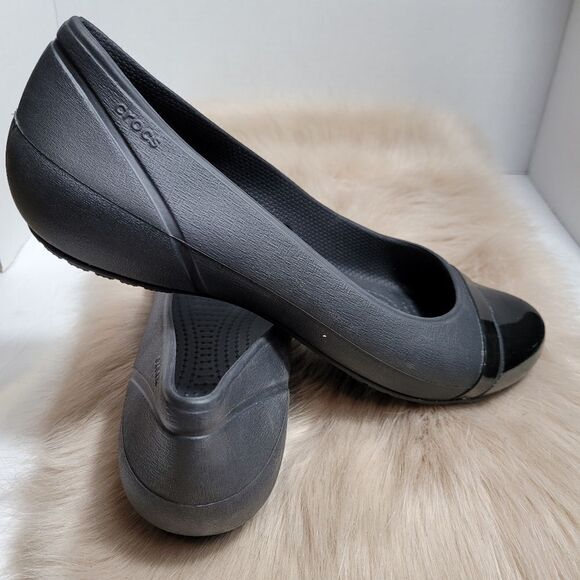 Crocs Black Rubber Cap Toe Ballet Flats Women’s  Slip On Shoes Size 10 - Picture 4 of 7